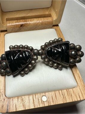 Carved Black Onyx Sterling Teardrop Earrings